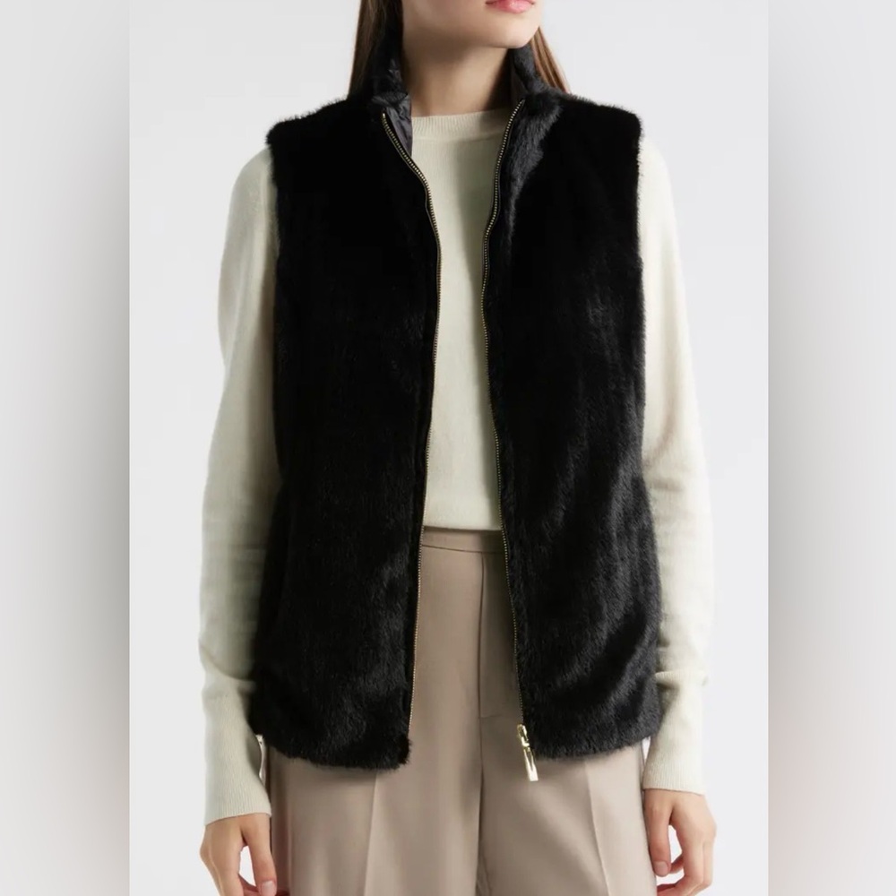 Via Spiga Black Reversible Faux Fur Vest, Size XS